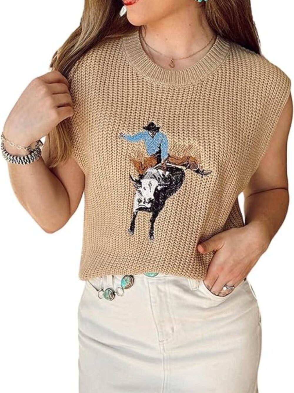 Women's Western Cowboy Embroidered Sweater Vest Crew Neck‎ Cap Sleeve Pullovers